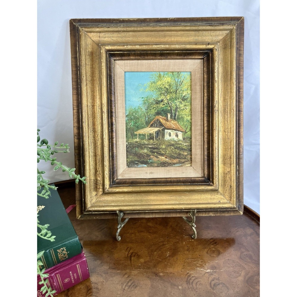 Vintage Rustic Cabin Oil Painting Framed Mid Century Original Landscape Art